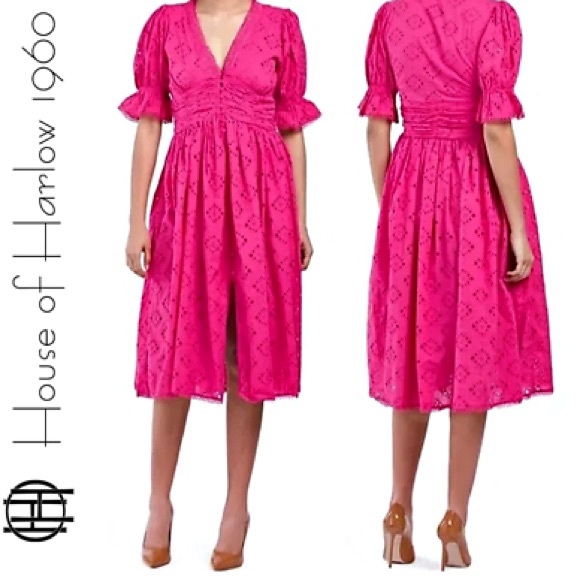 House of Harlow 1960 Hot Pink Eyelet Midi Dress Size Medium - Picture 3 of 3